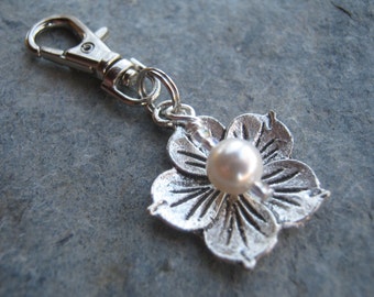 Hibiscus Zipper Pull, Personalized Pearl Flower Key Fob, Wedding Charm, Nature, Tropical Accessory, Bridal Party Gift, Garden, Hawaii