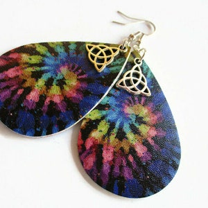 Triquetra Tie Dye Earrings, Personalized Faux Leather Earrings, Vegan Jewelry, Hippe Gift, Rainbow, Antiqued Silver OR Bronze