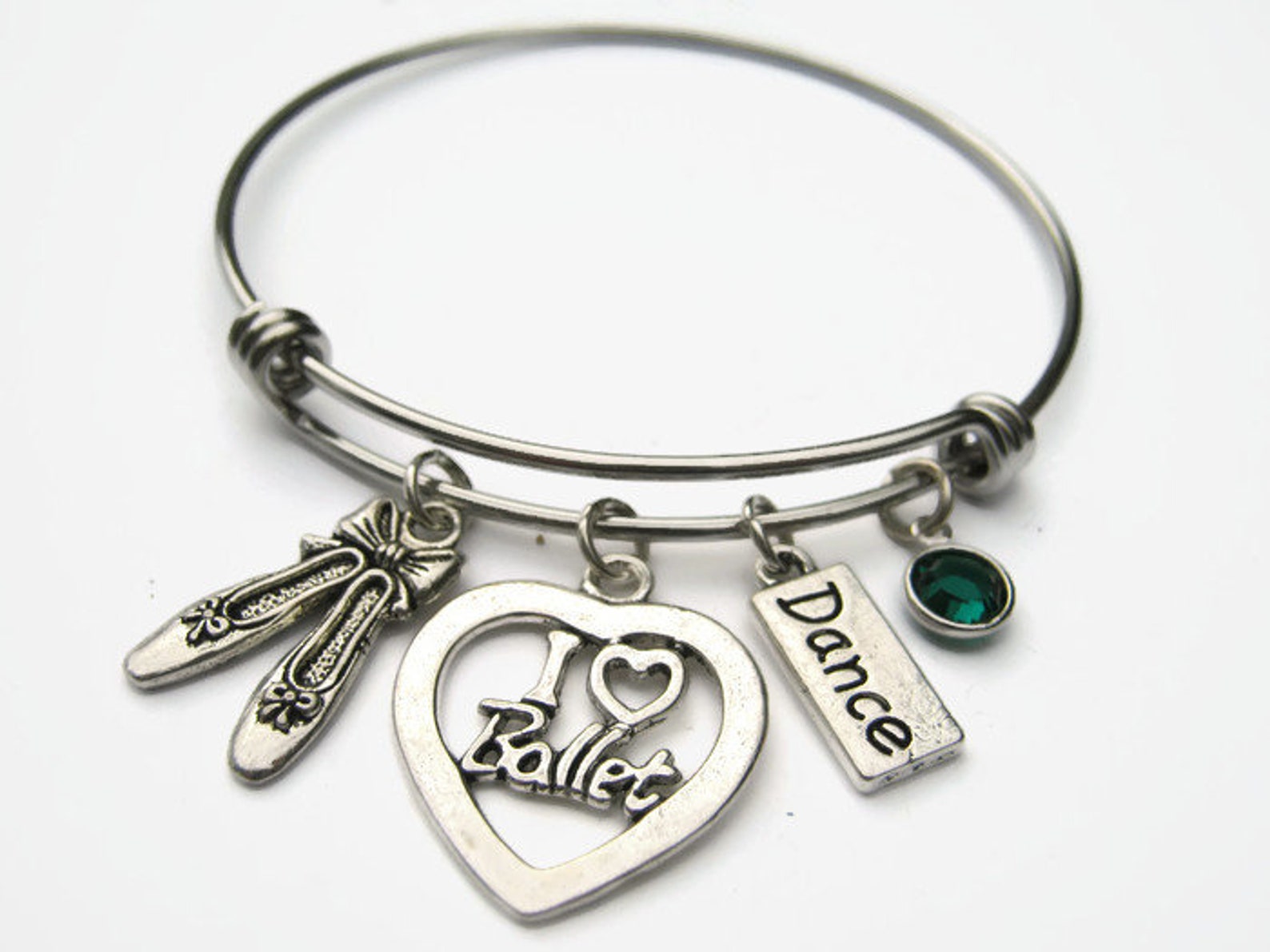 personalized i love ballet bracelet, expandable bangle bracelet, stainless steel bracelet, dance jewelry, ballet shoes, athletic