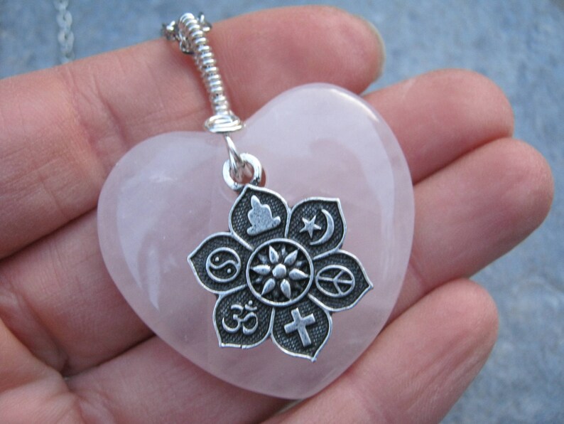 Buddhist Necklace Large Pink Gemstone Heart Pendant Minimalist Choos Lotus Flower Jewelry DELAYED SHIP Sale Rose Quartz Coexist Necklace