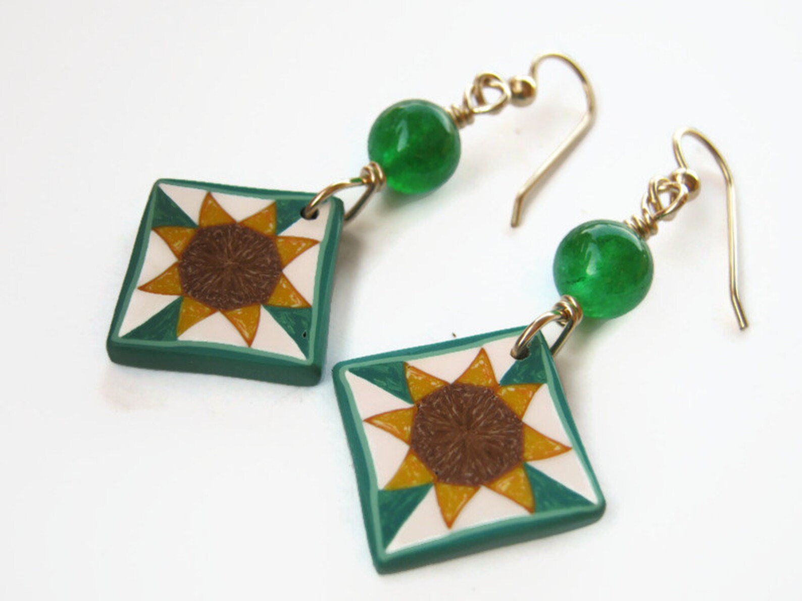 Sunflower Quilt Block Earrings 14K Gold Filled Green Quartz Etsy
