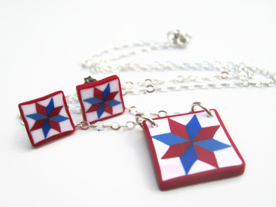 Valor Quilt Block Necklace & Earrings Set, .925 Sterling Silver Necklace, Limited Edition