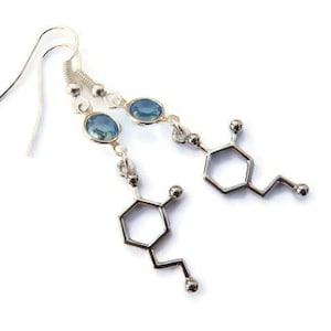 May include: A pair of silver earrings with blue gemstone accents. Each earring features a silver charm shaped like a chemical structure.