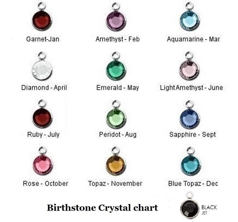 May include: A chart showing the birthstones for each month of the year. The chart features a silver pendant with a crystal gemstone for each month. The gemstones are: Garnet, Amethyst, Aquamarine, Diamond, Emerald, Light Amethyst, Ruby, Peridot, Sapphire, Rose, Topaz, Blue Topaz, and Black Jet.