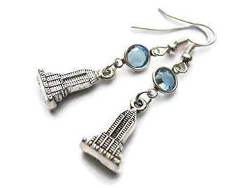 Skyscraper Birthstone Earrings, Personalized Architect Earrings on Hypoallergenic Ear Hooks, Architecture Gift, City Building Jewelry