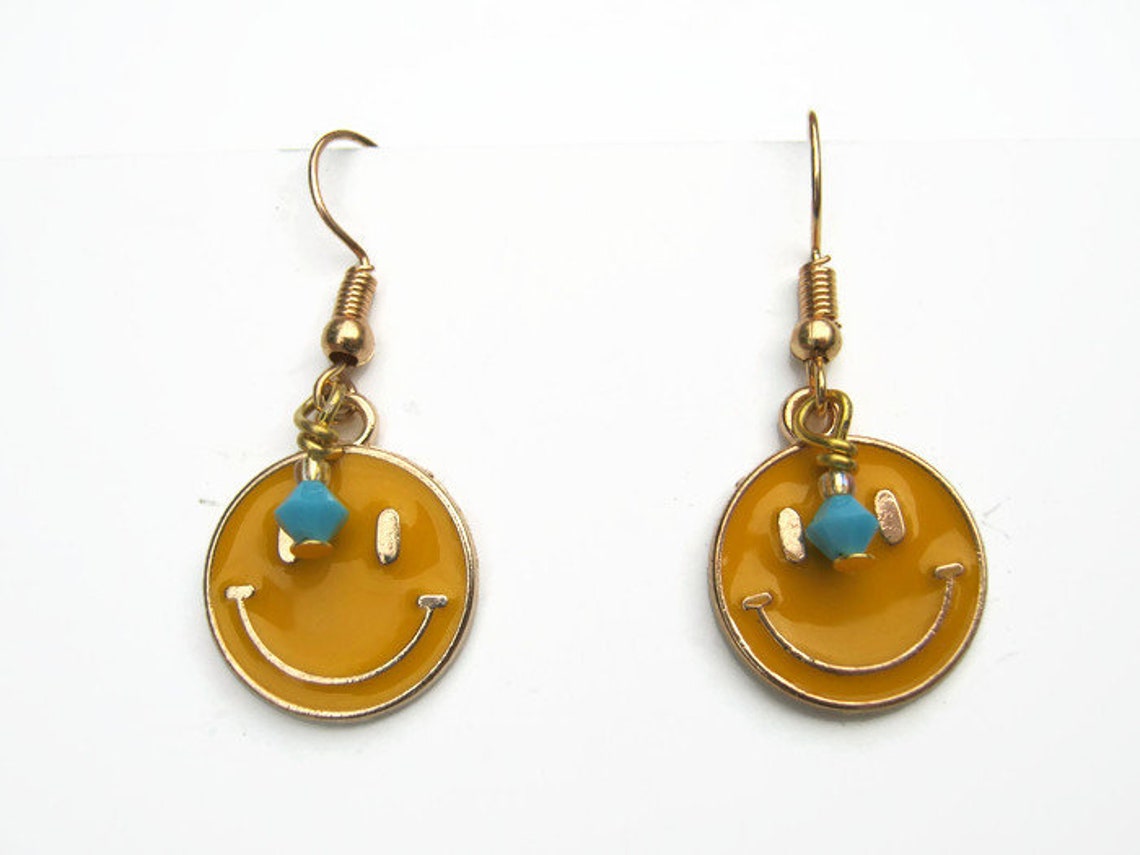 Smiley Face Earrings GOLD Tone Emoji Earrings Happy Yellow Etsy