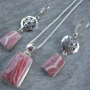 Rhodochrosite Pendant Necklace and Earrings Set, .925 Sterling Silver, Pink Gemstone Jewelry, Rectangular, GNS88