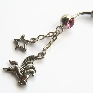 Pegasus Belly Ring, Fantasy Belly Button Ring, Star Navel Piercing, Magical Body Jewelry, Personalized Birthstone Dangle Belly Ring, SILVER