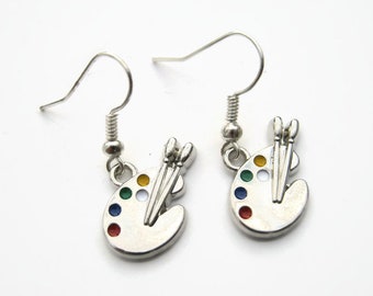 Artist Palette Earrings, Personalized Painter Earrings, Paint Charm on Hypoallergenic Ear Hooks, Enameled Jewelry, Art Earrings