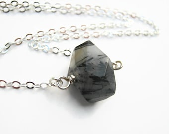 20" Tourmalated Quartz Necklace, Faceted Nugget Crystal Pendant, 925 Sterling Silver Bar Necklace, Black Tourmaline Rutilated Crystal BN15