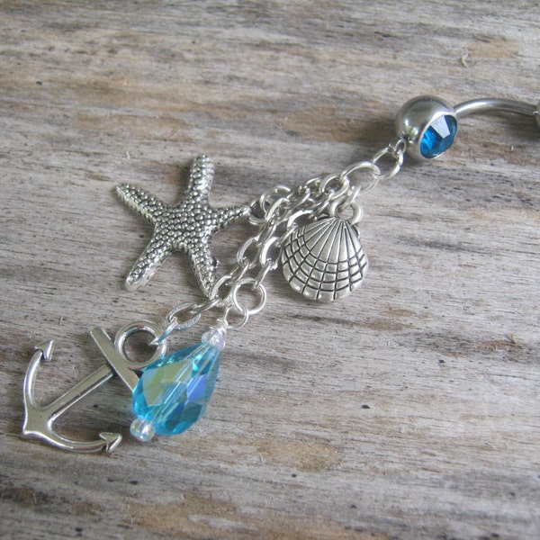 Anchor Belly Ring, Nautical Belly Button Ring, Starfish Navel Piercing, Seashell, Beach, Body Jewelry, Personalized Birthstone Belly Ring