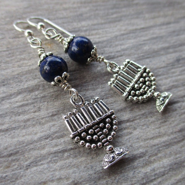 Lapis Lazuli Menorah Earrings, .925 Sterling Silver Plated, Blue Gemstone Earrings, Hanukkah Jewelry, Chanukah Gift