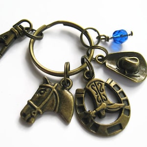 Country Western Keychain, BRONZE Cowboy Hat Zipper Pull, Cowgirl Boot Accessoire personnalisé, Cadeau Horseman, Barrel Racing, Horseshoe