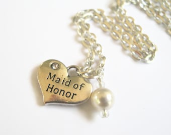 Maid of Honor Necklace, Maid of Honor Jewelry, Heart Wedding Necklace, Pearl Bridal Jewelry, Designer Pearl, Choose Your Color, Silver