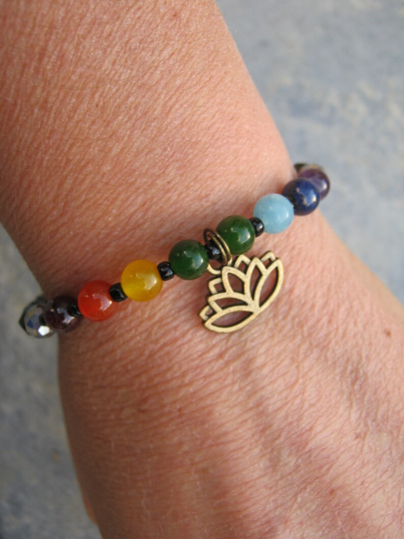 Rainbow Gemstone Stacking Bracelet Yoga Memory Bracelet Buddhist Hindu 7 Chakra Lotus Flower Bracelet READY To SHIP Boho Bracelet