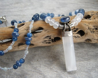 Kyanite & Selenite Necklace, 20" Ocean Moon Necklace with Aquamarine Accents, .925 Sterling Silver, Ethereal Design, Blue and White