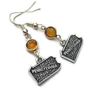 Pennsylvania Birthstone Earrings, Personalized Goegraphy Earrings on Hypoallergenic Ear Hooks, Pennsylvanian Gift, US State Map Jewelry