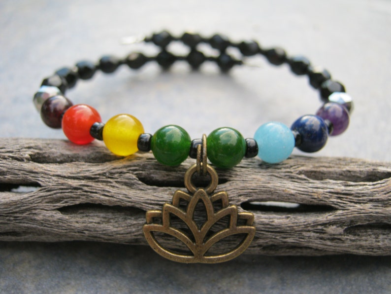 Rainbow Gemstone Stacking Bracelet Yoga Memory Bracelet Buddhist Hindu 7 Chakra Lotus Flower Bracelet READY To SHIP Boho Bracelet