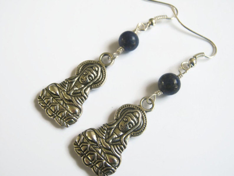 Lapis Lazuli Earrings Blue and Silver Boho Earrings DELAYED SHIP Sale Bodhisattva Earrings Dangle Ear Buddhist Jewelry Buddha Earrings