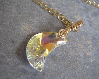 Designer Crystal  Moon Necklace, 14K Gold Filled, Crescent Moon Faceted Designer Crystal Pendant, Celestial Jewelry, Choose Length