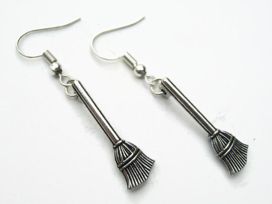 Broom Earrings Broomstick Earrings Antiqued Silver Witch Etsy