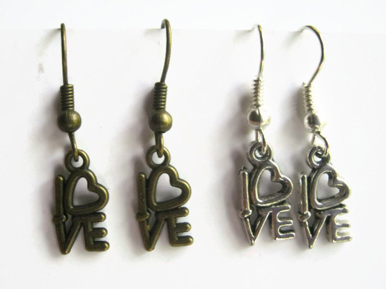 Romantic Earrings Tiny LOVE Earrings READY To Ship Dainty Love Heart Earrings Silver or Bronze