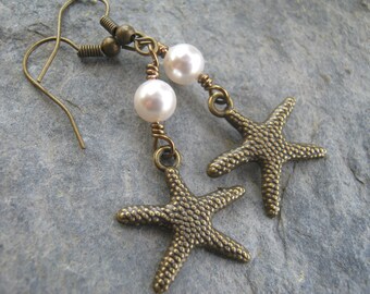 Starfish Pearl Earrings, BRONZE Personalized Beach Earrings, Designer Faux Pearl Earrings, Nautical Earrings, Shell Earrings, Beach Wedding