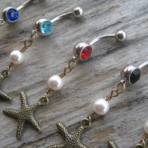 Starfish Belly Ring, BRONZE, Designer Pearl Belly Button Ring, Nautical Piercing, Beach Body Jewelry, Choose Your Pearl & Barbell Color