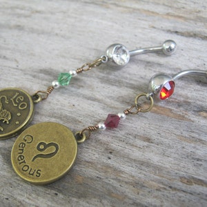 Leo Lion Belly Ring, BRONZE Belly Button Jewelry, Personalized Piercing, Ruby Peridot Jewelry, July August Birthstone, Astrology Navel Ring