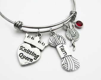 Personalized Knitting Queen Bracelet, Stainless Steel Expandable Bangle Bracelet, Yarn Charm, Knitter Jewelry, Knitting Needles