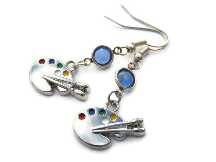 Artist Palette Birthstone Earrings, Painter Earrings, Personalized Earrings, Art Earrings, Paintbrush,  Painting Earrings