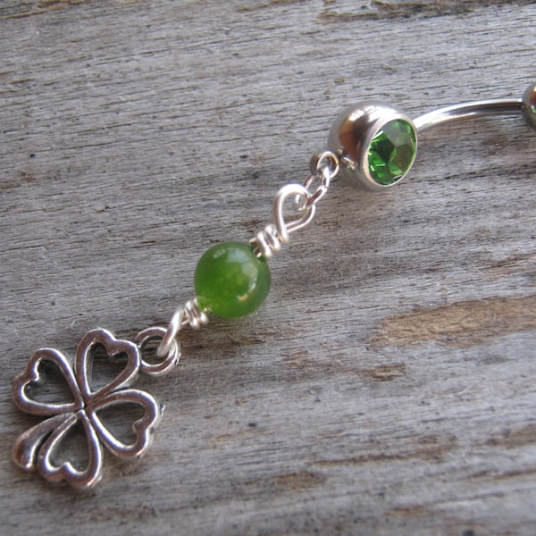 Lucky Shamrock Belly Ring, Green Jade Belly Button Jewelry, Personalized Piercing, St Patricks Day Body Jewelry, Irish 4 Leaf Clover, Luck