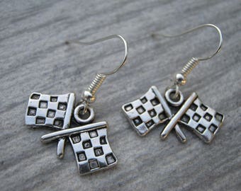 Checkered Flag Earrings, Personalized Racing Earrings, Race Charm Jewelry, Stock Car Inspired, Racing Earrings, Hypoallergenic Ear Hooks