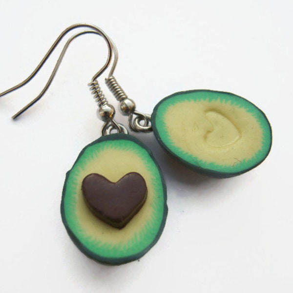 Avocado Earrings, Polymer Clay Food Charm Earrings, Personalized Jewelry, Cute Foodie Jewelry, Heart Pit Mismatched Jewelry