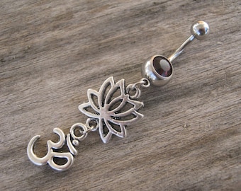 Piercing para el ombligo con flor de loto, piercing budista Om, inspirado en el yoga, joyería corporal budista.