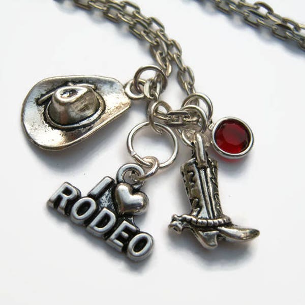 I Love Rodeo Necklace, Personalized Birthstone Jewelry, Cowboy Neckace, Sports Athletic Necklace, Country Western, Cowgirl Up