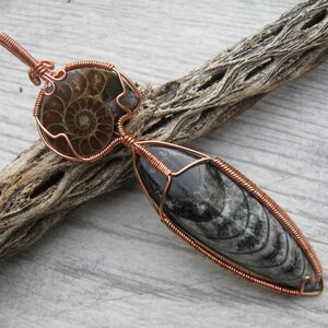 HUGE Ammonite & Orthoceras Pendant, Fossilized Squid Pendant, Fossil Copper Wire Wrapped Pendant, Statement Jewelry, Prehistoric, GP6 image 5