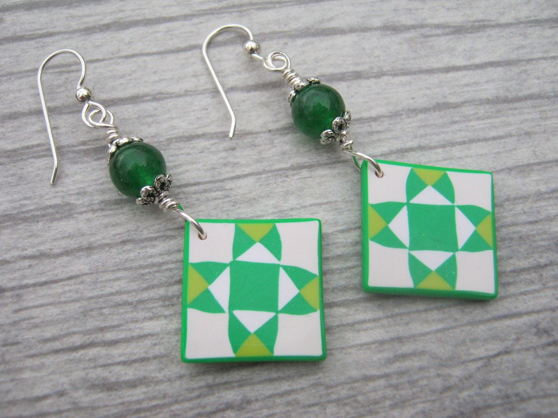 Green Quilt Block Earrings Sterling Silver Green Agate Etsy