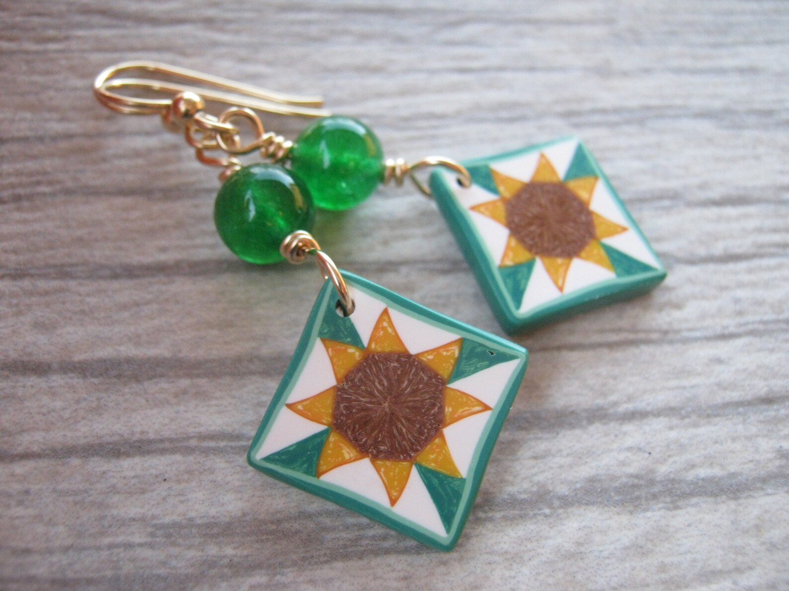 Sunflower Quilt Block Earrings 14K Gold Filled Green Quartz Etsy