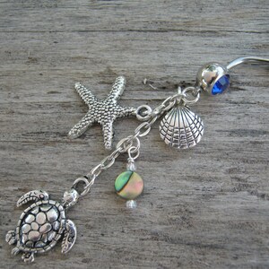 Abalone Sea Turtle Belly Ring, Starfish Nautical Navel Ring, Birthstone Belly Button Jewelry, Ocean Shell Body Jewelry, Abalone Navel Ring
