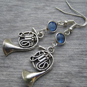 French Horn Birthstone Earrings, Personalized Music Earrings, Musician Earrings, Musical Instrument Jewelry, Band  Mom Gift