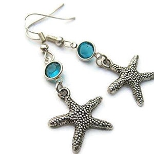 Starfish Birthstone Earrings, Starfish Charm Earrings, Personalized Earrings, Beach Ocean Jewelry, Nautical Charm, Hypoallergenic Ear Hooks