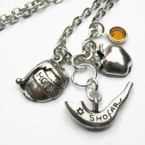 Personalized Rosh Hashanah Necklace, Pewter Shofar Horn Necklace, Jewish New Year Jewelry, Apple Honey Charm, Judaism Yom Teruah Necklace