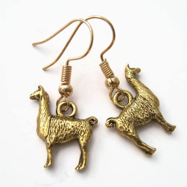 Gold Llama Earrings, Alpaca Earrings, 24K Gold Plated Llama Charm Earrings, Personalized Jewelry, Animal, Farm, Hypoallergenic Ear Hooks