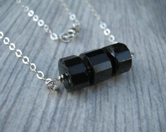 Faceted Black Tourmaline Necklace, 18 inch 925 Sterling Silver Bar Necklace, Faceted Tube Gemstones, Jet Black Floating Pendant