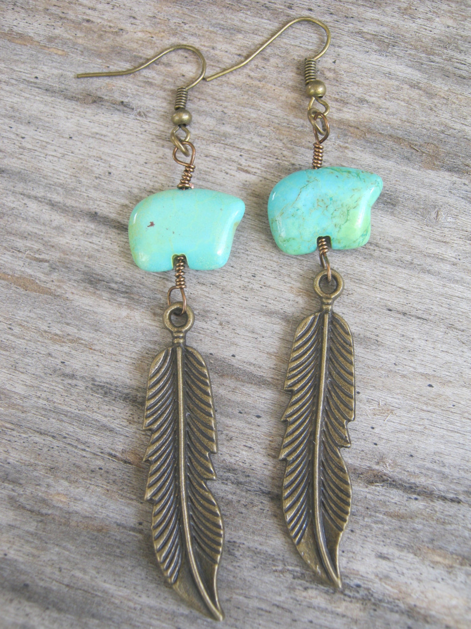 Feather Zuni Bear Earrings Turquoise Magnesite Earrings Etsy