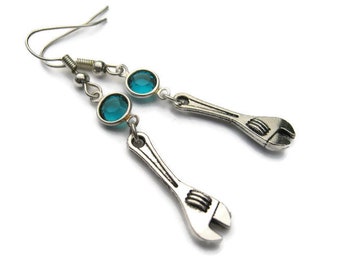 Wrench Birthstone Earrings, Mechanic Earrings, Personalized Earrings, Tool Earrings, DIY,  Plumber Gift, Handyman Earrings