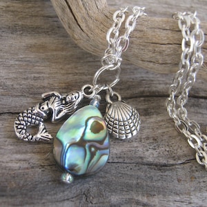 Mermaid Abalone Necklace, Ocean Goddess Shell Charm, Beach Jewelry, Birthstone Necklace, Mystical Sea Siren, 24 inches, Choose Your Length