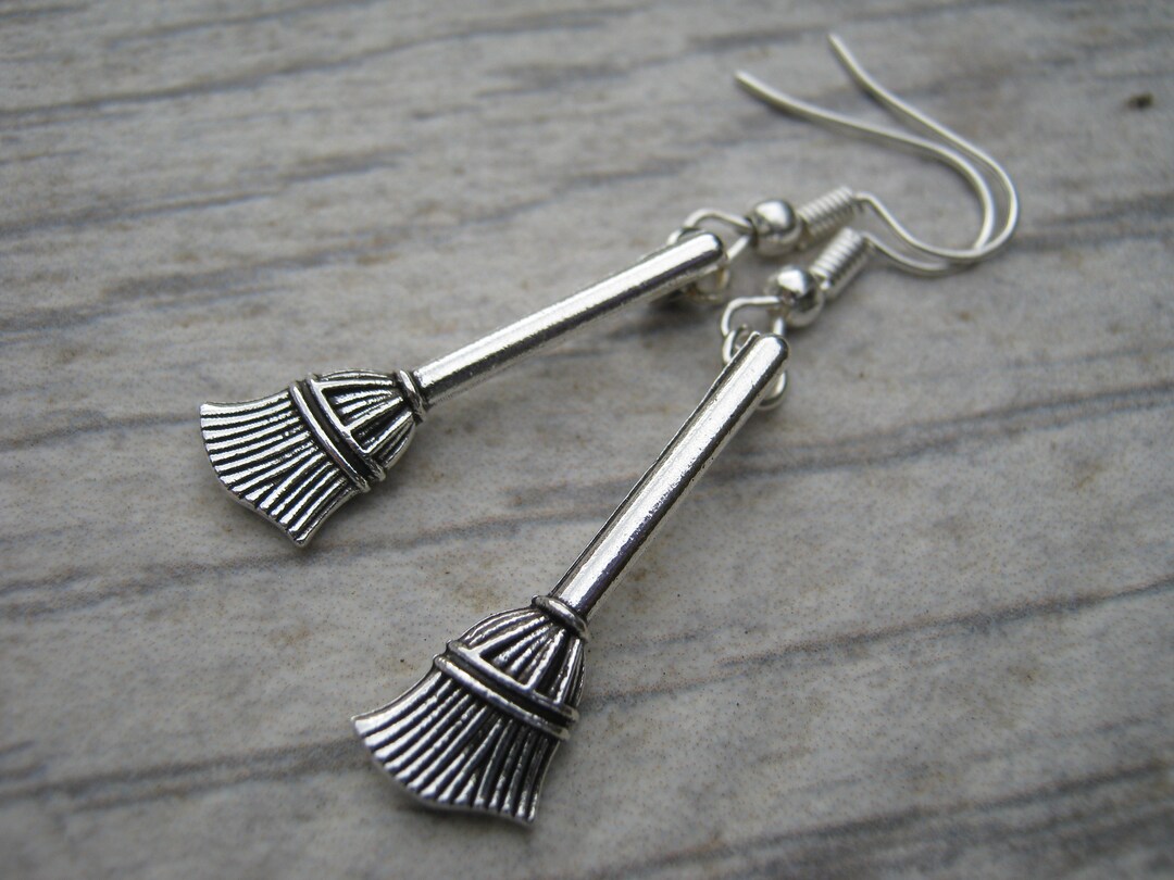 Broom Earrings, Broomstick Earrings, Antiqued Silver, Witch Jewelry