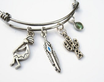 Personalized Southwestern Bracelet, Feather Expandable Bangle Bracelet, Stainless Steel Bracelet, Kokopelli charm, Saguaro Catus Desert Girl